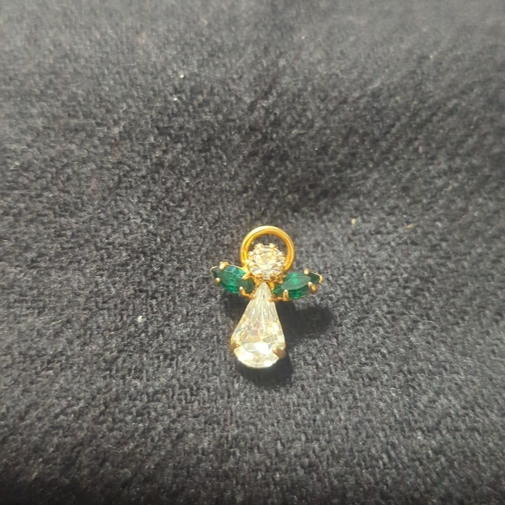 Gold Tone Green and Clear Rhinestone Angel  Dainty Delicate Statement Pin Brooch